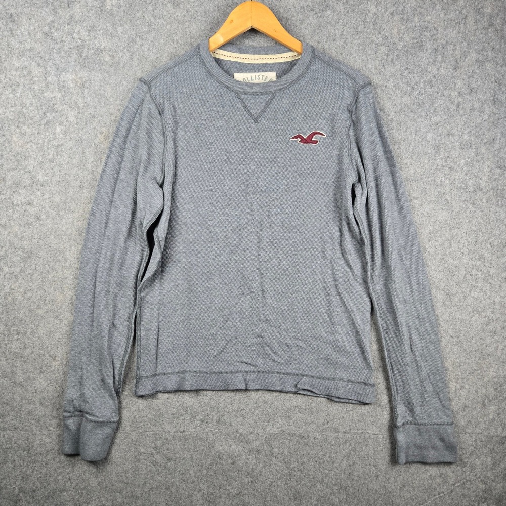 Hollister Thermal Shirt Mens Medium Gray Waffle Knit Logo Long Sleeve Tee Skater